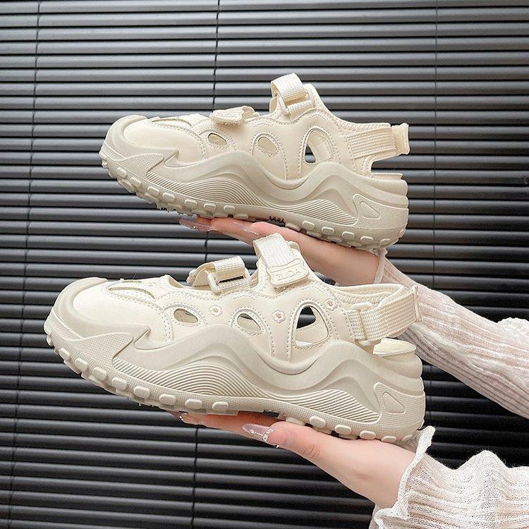 Thick-soled Mary Jane shoes women's 2025 new summer Velcro hollowed-out Roman sandals soft-soled breathable dad shoes