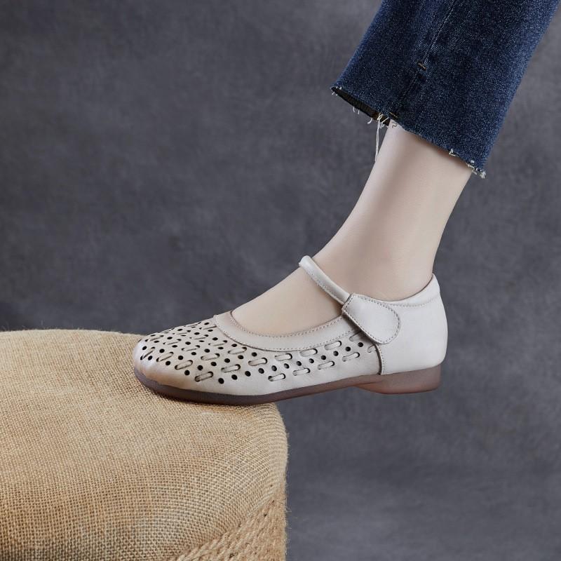 Johnature Pantofi de damă din piele naturală cu talpă moale, sandale plate confortabile, respirabile, decupate