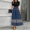 Short Sleeve Round Neck Maxi Dress with Floral Print High Waist Tie Belt Bohemian Style Casual Long Dress for Women