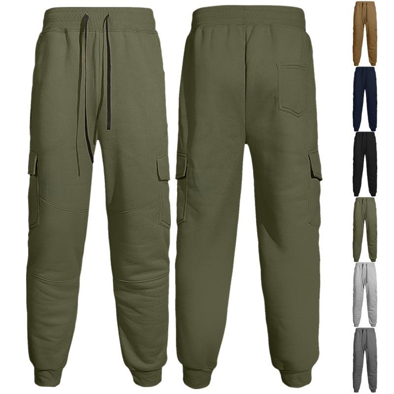 Autumn and Winter Fleece Men's Overalls Spliced Multi-pocket Drawstring Sports Casual Jogging Pants