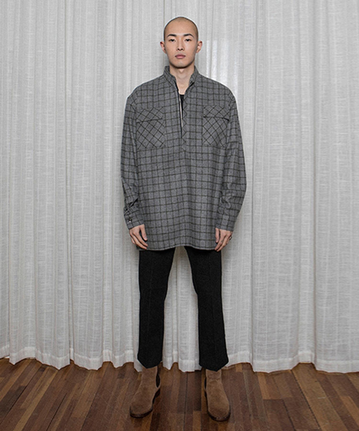Omerta Wool Blend Half Zip Flannel Shirt Grey Gray/L