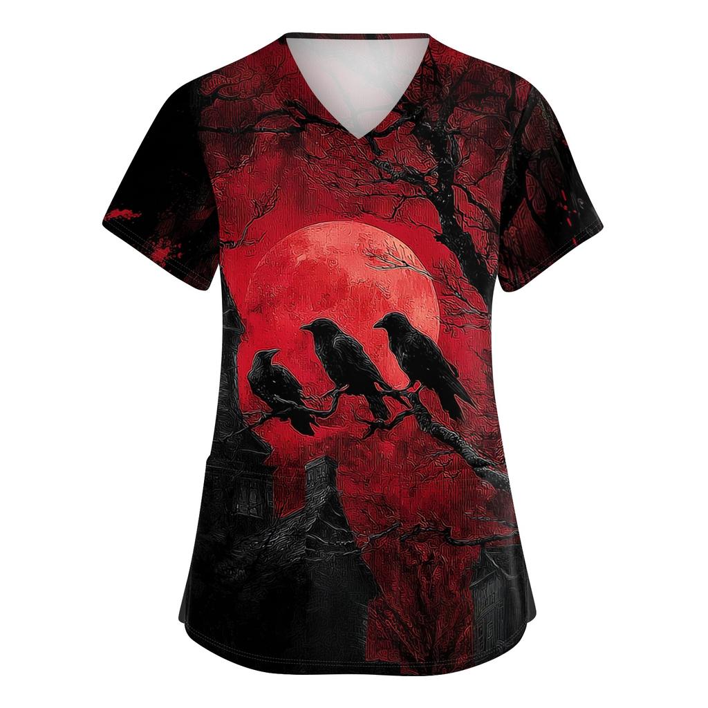 Women's V Neck Short Sleeve Work Shirt with Side Slits and Pockets Halloween Themed Printed Top Suitable for Casual and Professional Wear