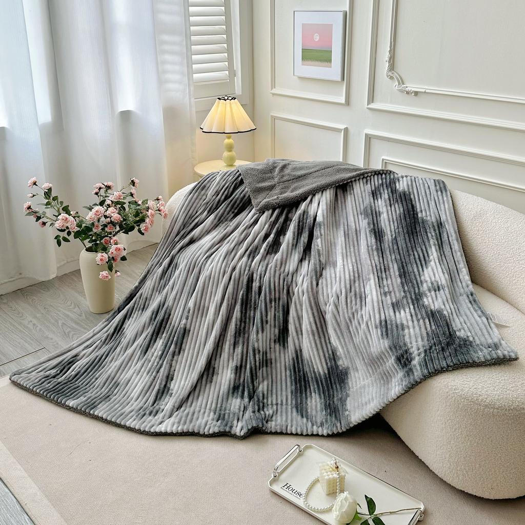 Ink-wash Painting Striped Blanket, Double-Sided Sofa Throw, Flannel Blanket for Air-Conditioned Afternoon Naps