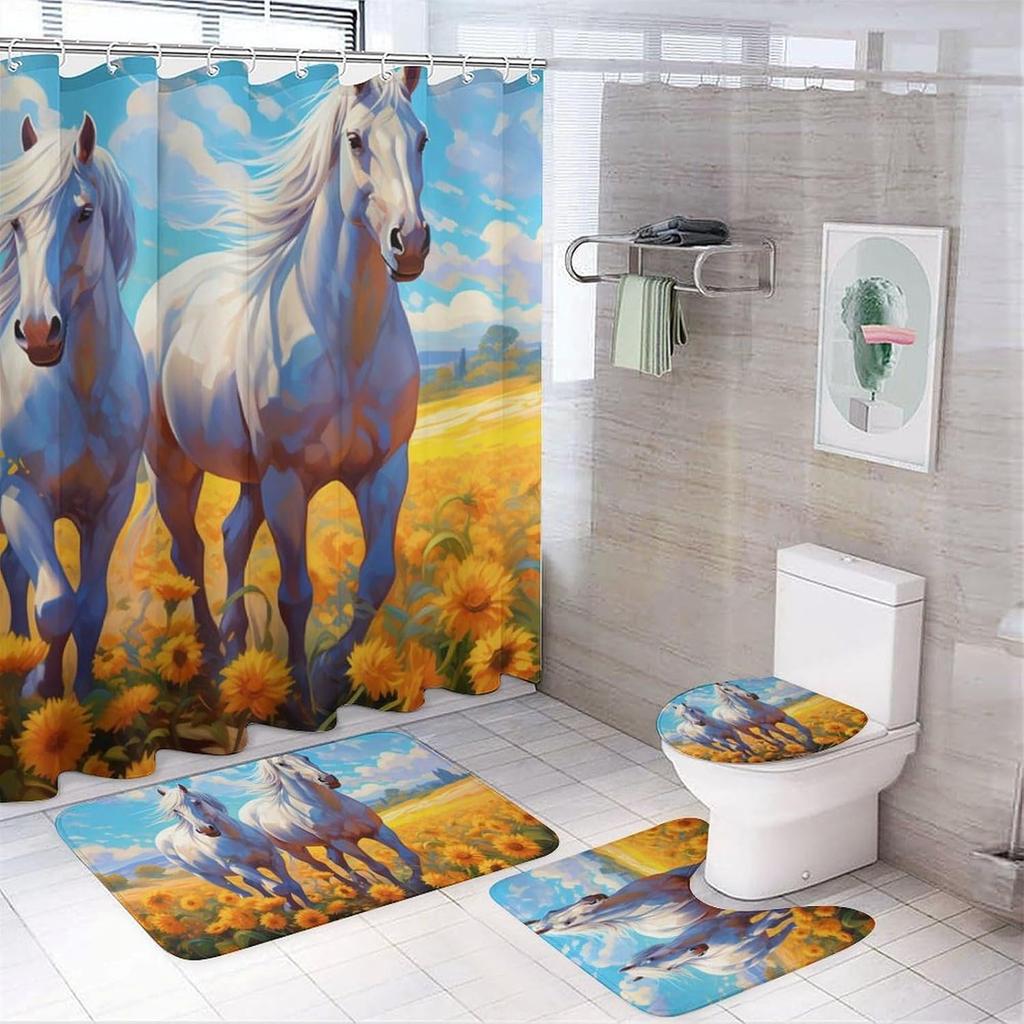 Colorful Horse Shower Curtain Sets With Rugs Toilet Lid Cover And Bath Mat Abstract Sunset Landscape Nature Animal Shower Curtai