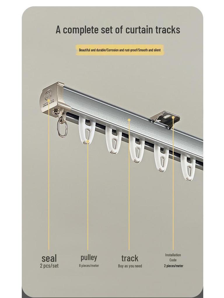 Double Track Silent Glider Curtain Rail, Aluminum Alloy, Top Mount