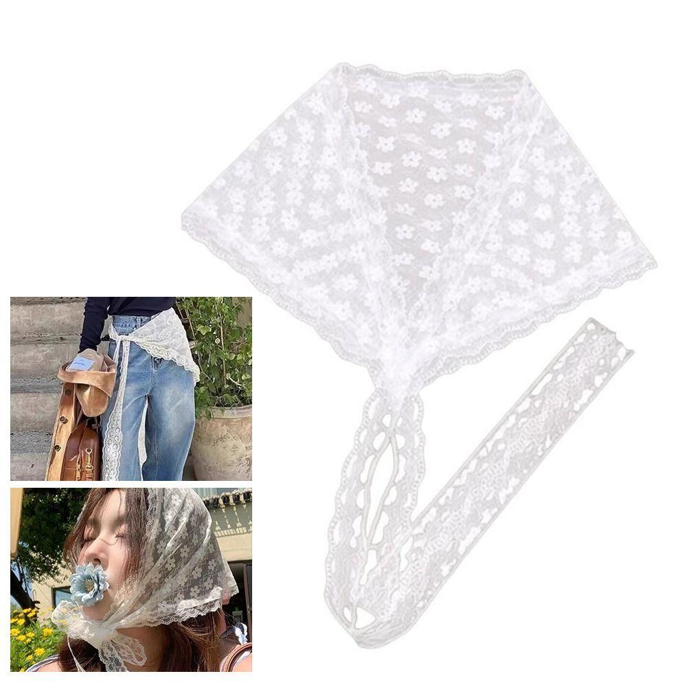 Embroidered Lace Triangle Headscarf Hollow-out White Hair Bandana Woven Floral Pastoral Style Lace Skirt Hair Accessories