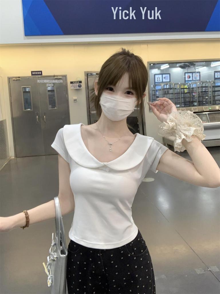 Korean Sweet Spring/Summer Slim-Fit Doll Collar Pure Cotton T-Shirt