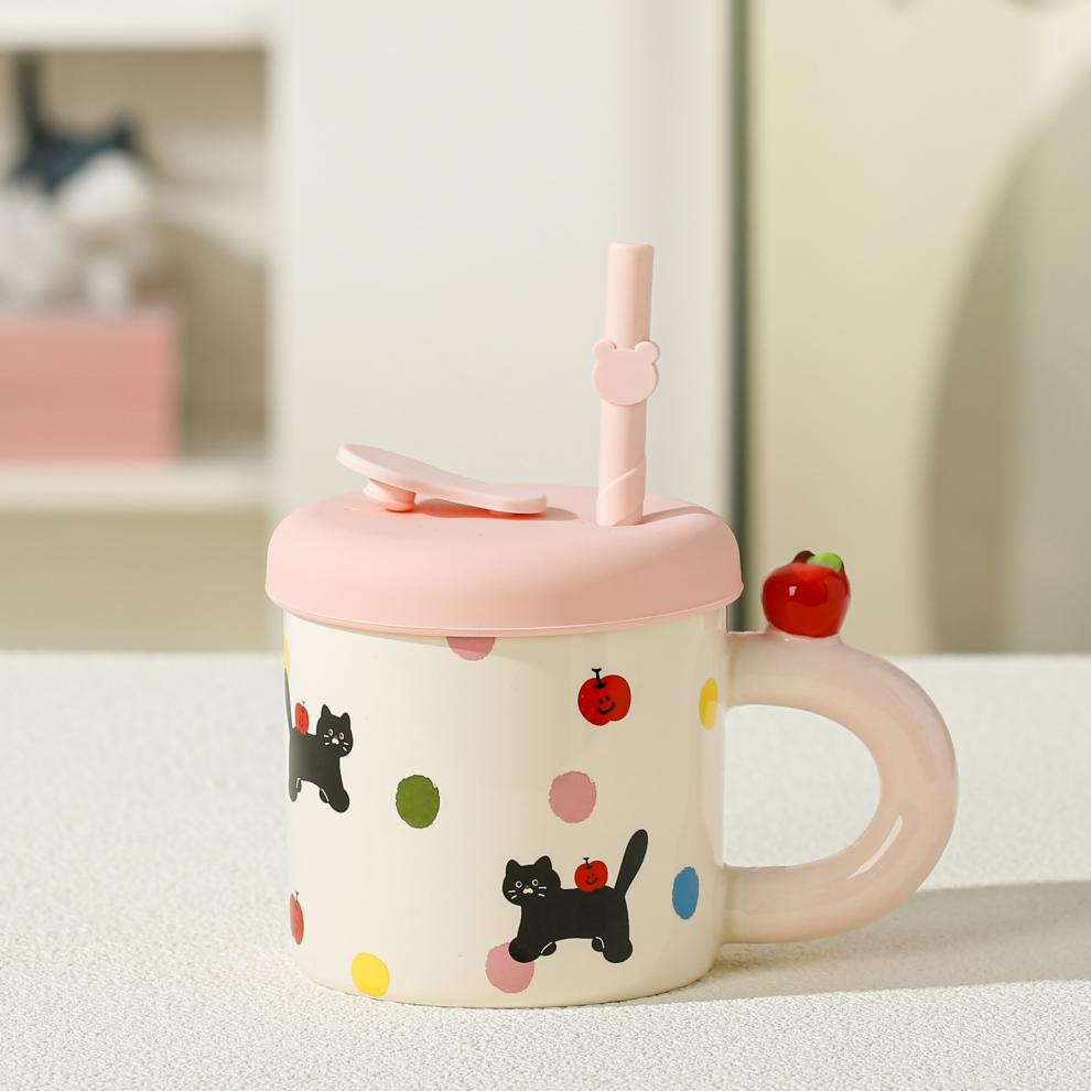 High Value Souvenir Apple Mug with Lid Gift Box Household Water Cup Cute Straw Cup Ceramic Coffee Cup