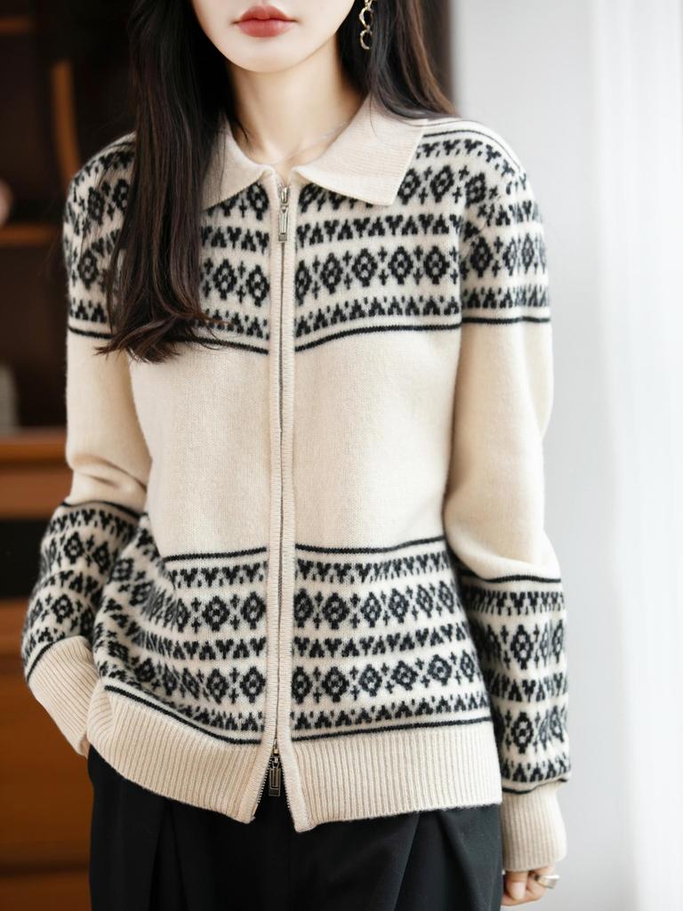 Elegant Jacquard Wool Double-Zip Cardigan, Slim-Fit Outerwear for Autumn/Winter