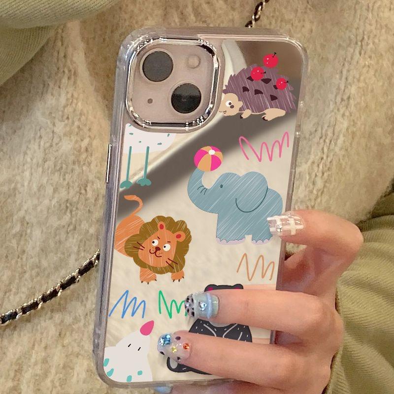 Cartoon Animal Compact Makeup Mirror Phone Case For IPhone 17 Air 11 13 14 12 15 16 Pro Max 17E 16E Plus Bumper Back Coque Cover