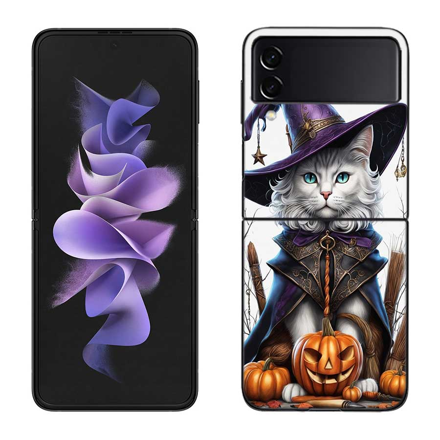 Halloween Magic Cat Phone Case For Samsung Z Flip 7 6 5G Galaxy Z Flip 5 4 3 Black Hard Cell Cover Luxury PC Shell Coque