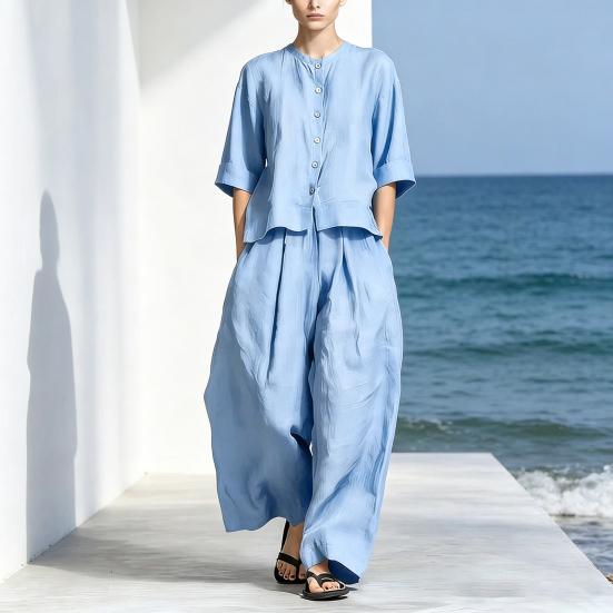 Set Estivi in Cotone e Lino da Donna a 2 Pezzi, Top con Bottoni a Manica Corta e Pantaloni a Gamba Larga, Completi Casual da Casa con Tasche