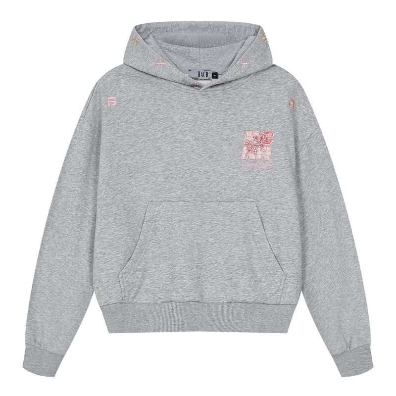 

Style Patchwork Embroidered Hooded Sweatshirt, Loose Korean Style National Trend Brand Trendy Hoodie for Women, Suitable for Spring and Autumn Flower Ash L