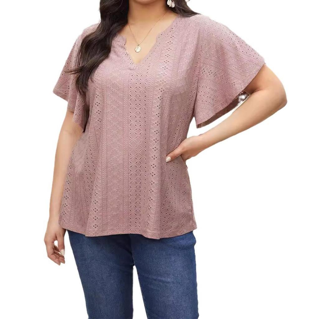 2024 Summer Women's Plus Size V-Neck Batwing Sleeve Hollow Breathable T-Shirt
