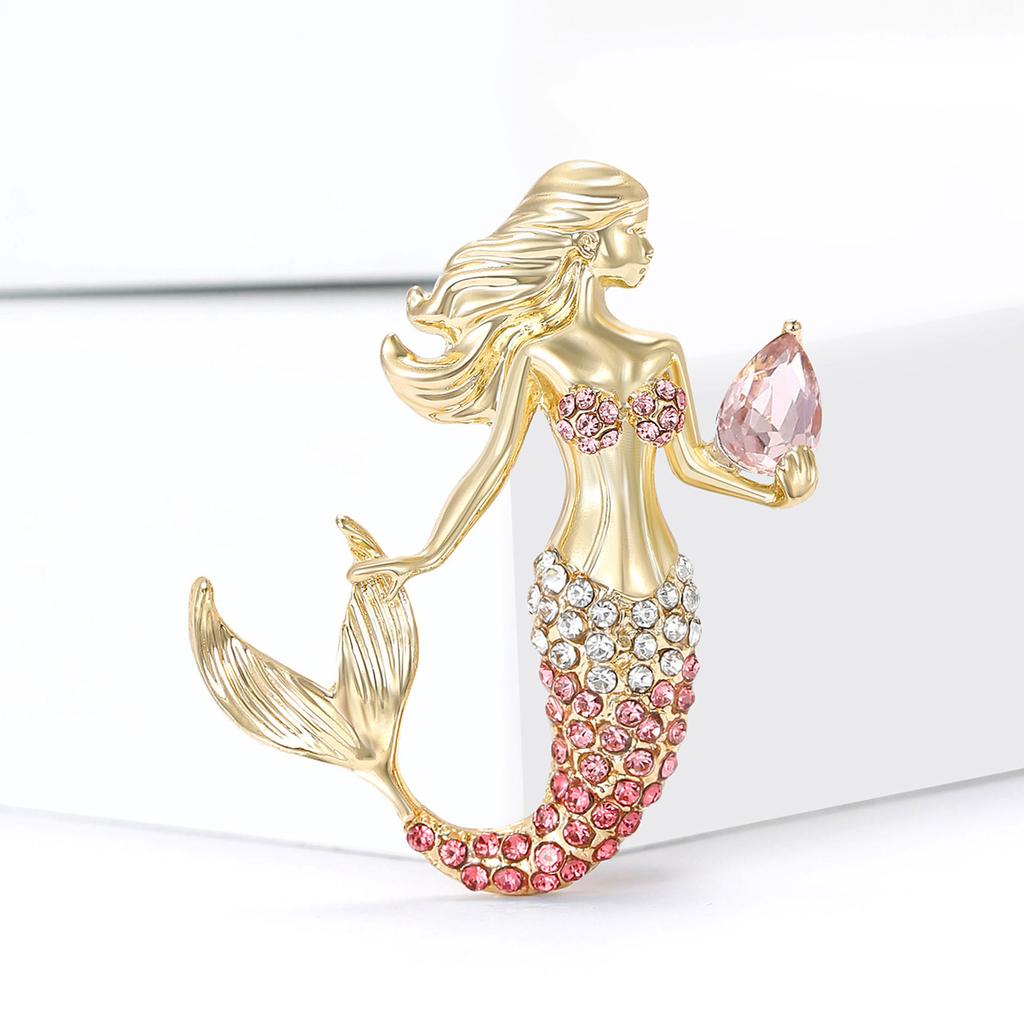 Mermaid Girl Rhineston Conch Brooch Crystal Tail Pins Jewelry Accessory Gift
