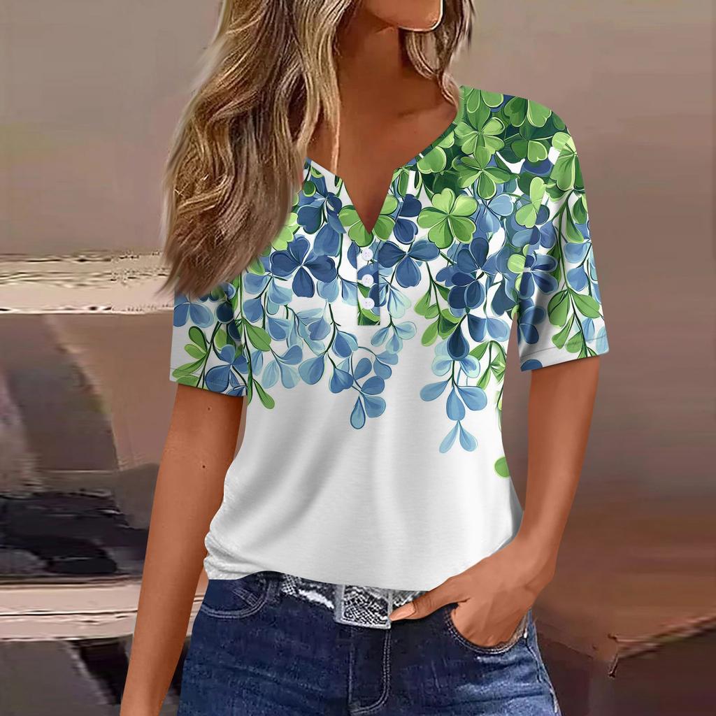 Women's T Shirt Tee Print Button Short Sleeve Daily Weekend Fashion Basic V- Neck Regular Top  St. Patrick's Day