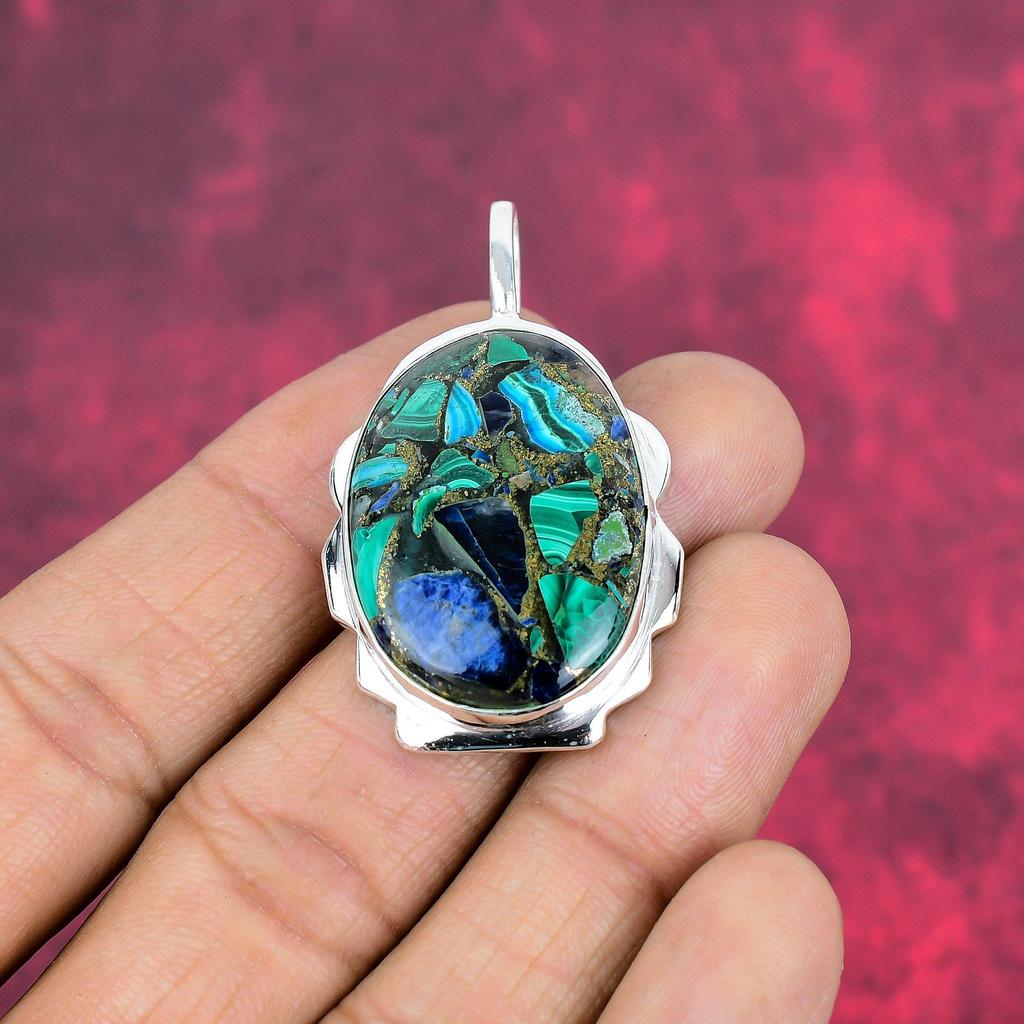 Copper Azurite Malachite Pendant, 925 Solid Sterling Silver Gemstone Jewelry, Handmade Pendant, For Memorial Day