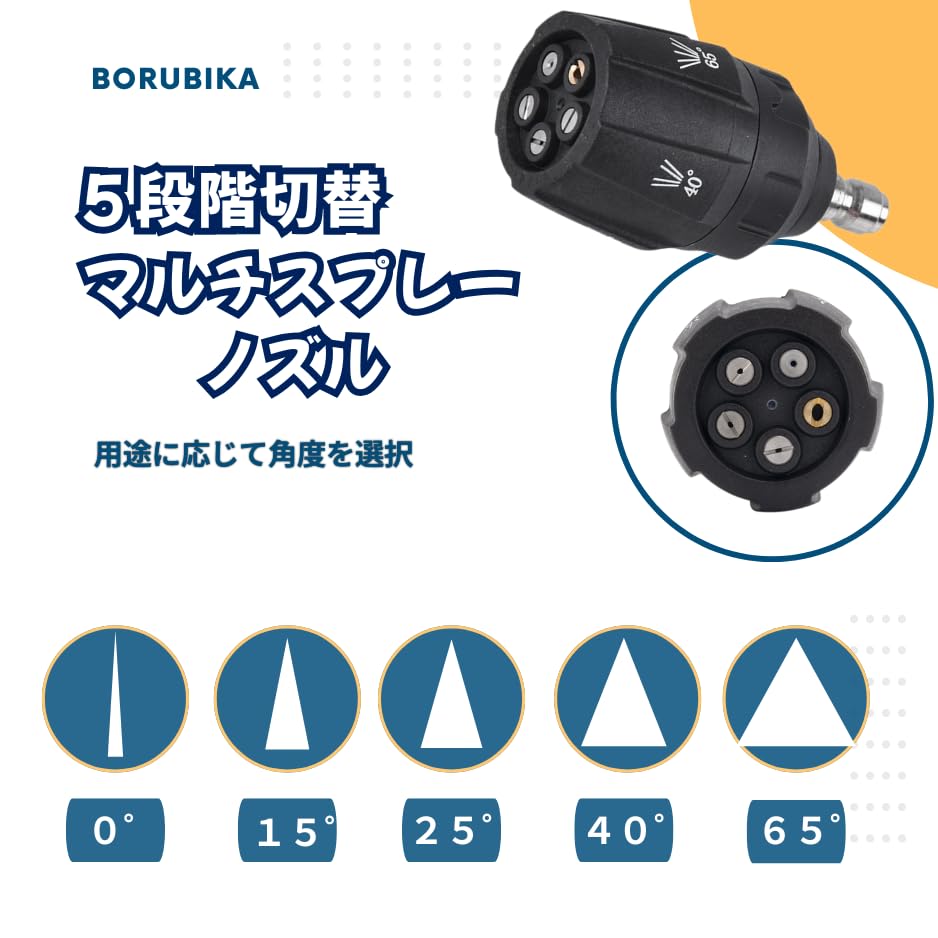 BORUBIKA Short Gun for Bosch and Kyocera High-Pressure Washers - One-Touch Hose Compatible, 5-Stage Multi-Spray (0-65°C) Adjustable.