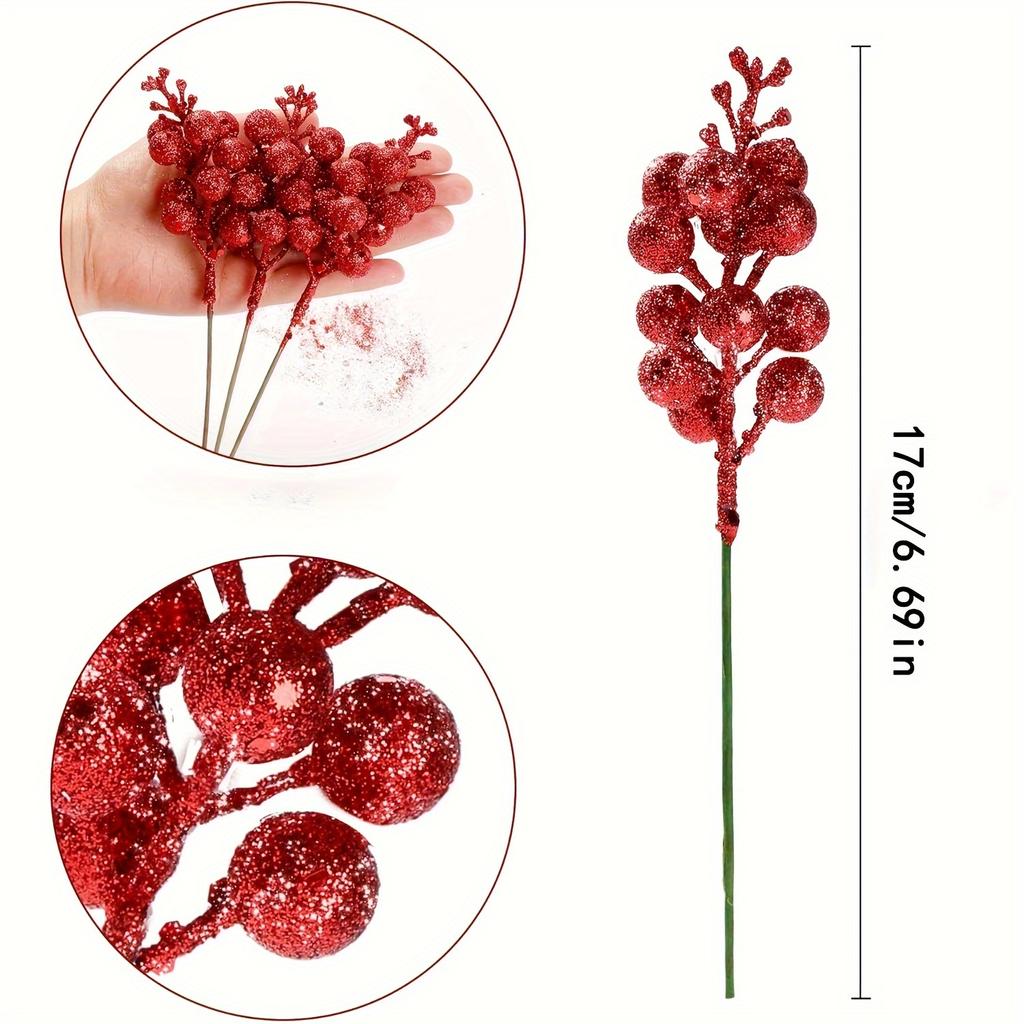 30 Pcs Sparkling Berry Stems Artificial Cranberry Branches DIY Wreath Crafts Holiday Decorations Christmas New Year Valentine's Day Gifts