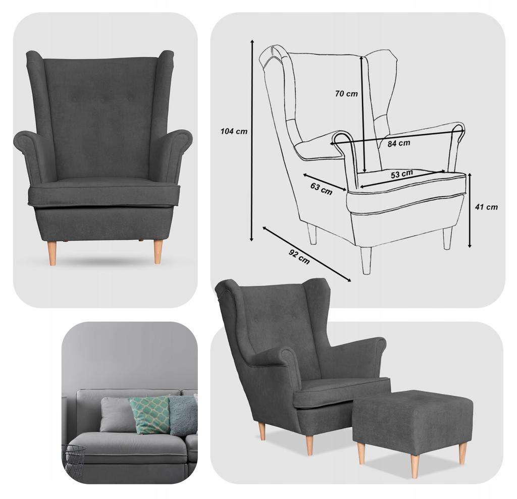 Fotel uszak z podnóżkiem skandynawski welur Hunter Family Meble szary