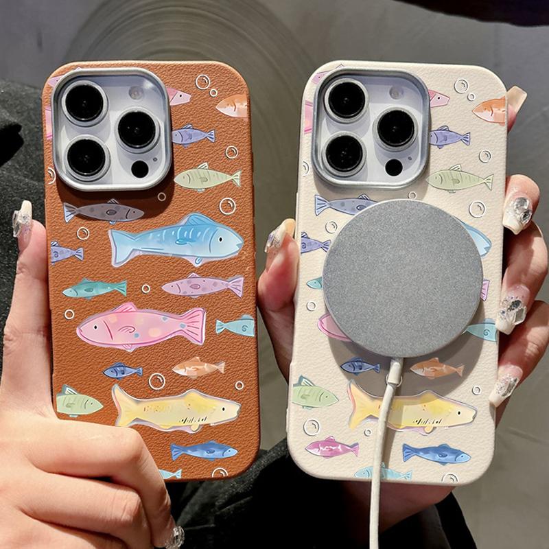 Cute Little Fish Phone Case For iPhone 16 Cases for iPhone 15 14 13 Pro Max 16e Magnetic For Magsafe Wireless Charge Leather Texture Silicone Cover