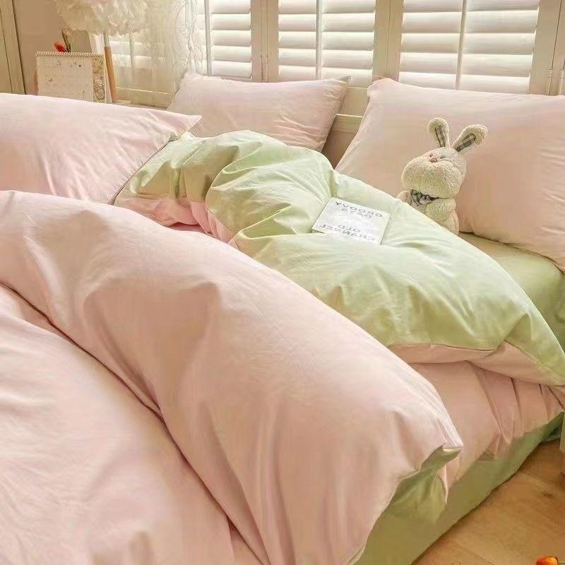 INS Pink Solid Color Bedding Set Girls Boys Single Double Size Flat Sheet Duvet Cover Pillowcase Bed Linens Home Textile