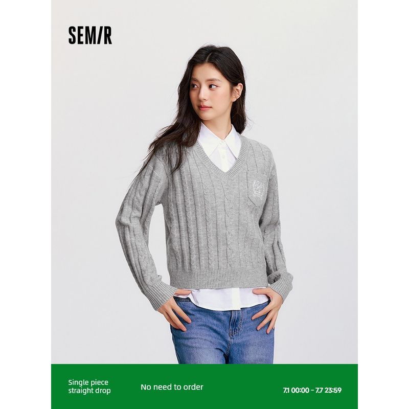 

[Same Style with Mall] Senma Sweater Women s V Neck Twisted Sweater Sleeveless Shirt 2024 Winter New Arrival Loose Two-Piece Suit Gray 00322 150/76A/XS