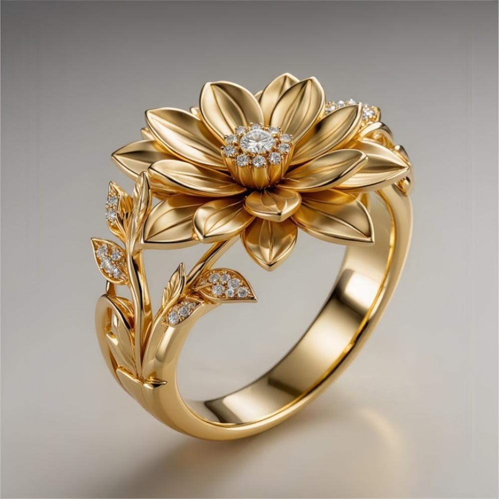 Luxury Plant Female White Zircon Big Stone Engagement Lotus Ring Vintage Gold Color Wedding Fashion Jewelry For Women