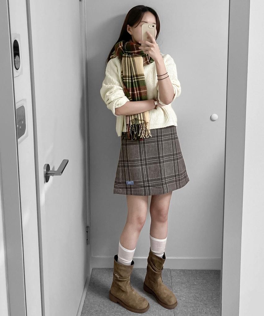 Celtio Women'S Label Point Check Wool Skirt Brown