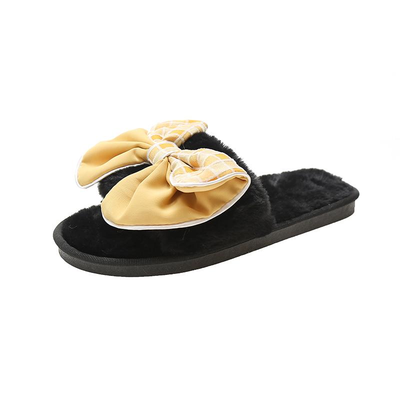 Fashion Casual Fluffy Slippers Women House Flats Fashion Winter Bowknot Designer Shoes Ladies Home Plush Platform Elegant Footwear 2025