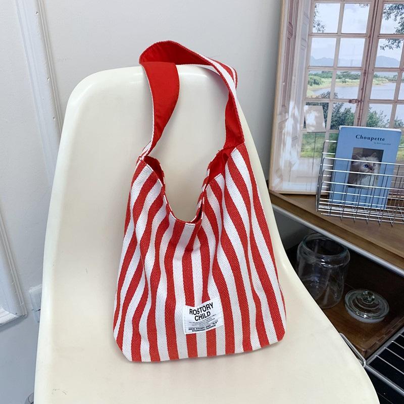 Striped Double-sided Tote Bag Women's Lazy Wind Contrasting Color Shoulder Bag Large Capacity Leisure Commuting Versatile Shoulder