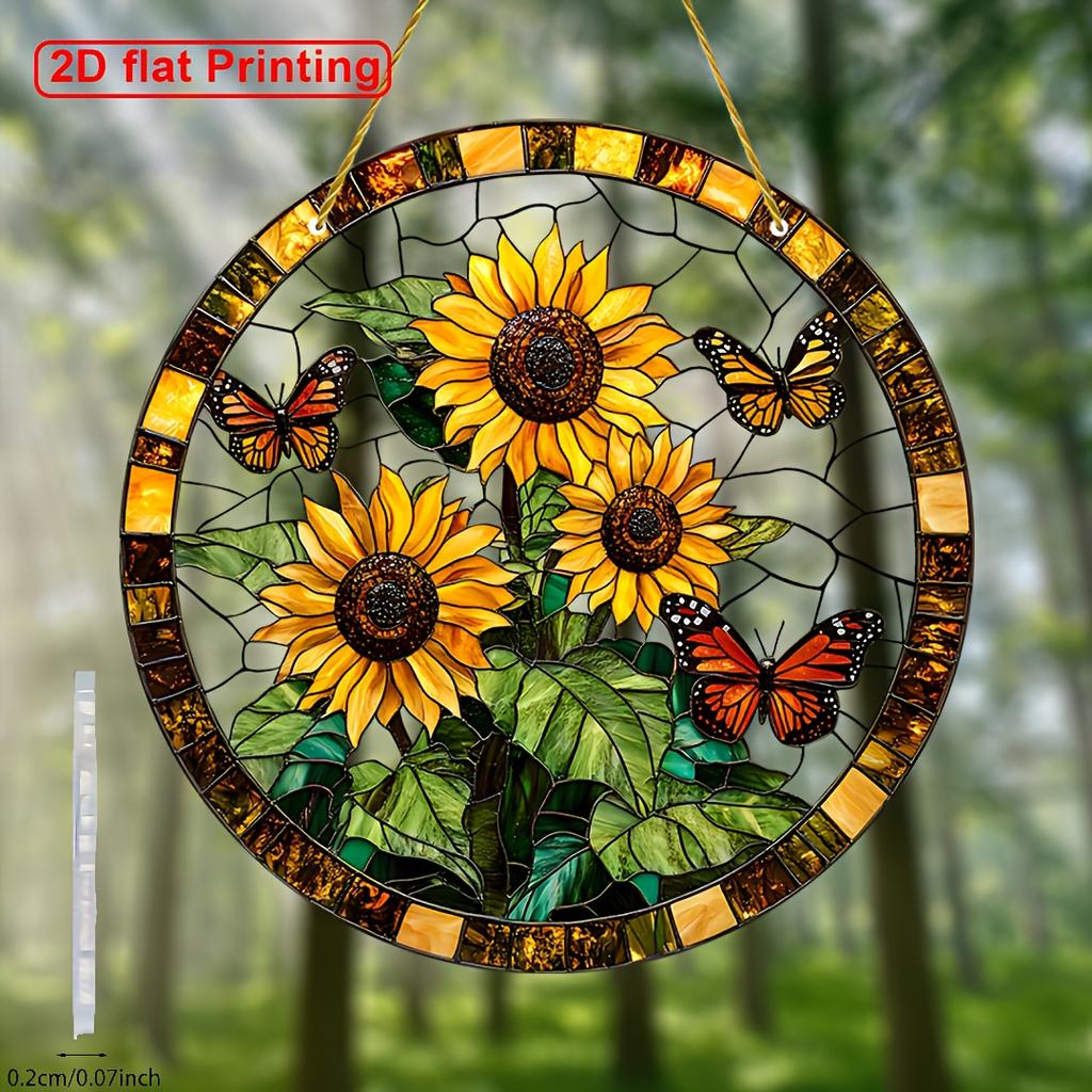 2D Flat Vibrant Sunflower Butterfly Stained Glass-Style Suncatcher Acrylic Hanging Decor for Windows Festive Party Decoration