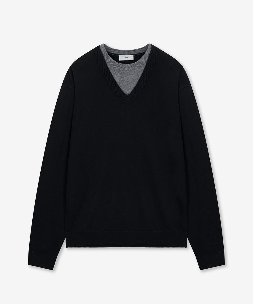 Tienjiti Layered V-Neck Knit Top (Black) Tnsw6E102Bk