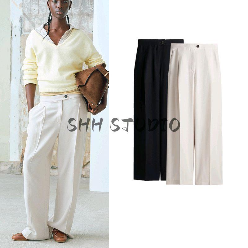 Spring and Summer Women's Clothing Pleated Decoration Loose Design One Button Diagonal Cloth High Waist Wide Leg Pants 1272861