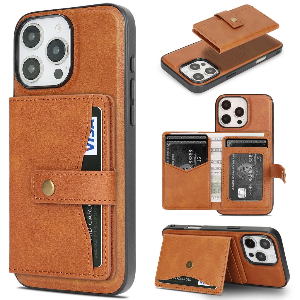 For iPhone 15 Pro Kickstand Case Detachable Card Bag Compatible with MagSafe PU Leather Coated TPU Phone Cover