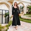 Damen-Quadratkragen-Kleid mit geraffter Taille und langen Ärmeln