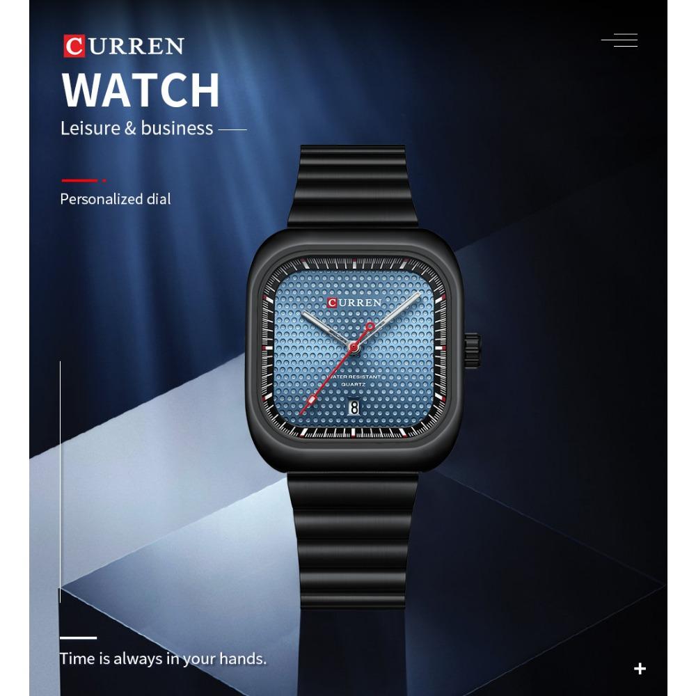 CURREN Simple Business Square Quartz Watches Casual Stainless Steel Bracelet Wristwatch with Auto Date for Men