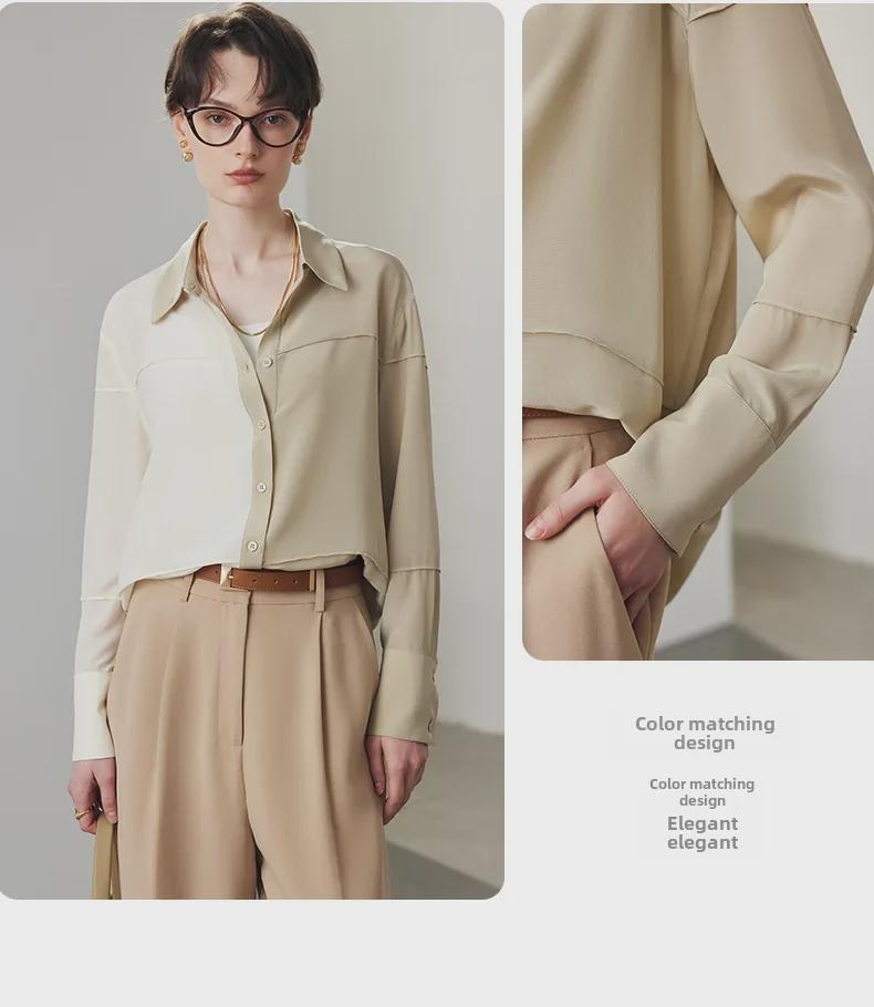Women's Loose-Fit Silk Shirt - 2025 Spring/Summer, 100% Double Crepe Mulberry Silk, Color-Block Design