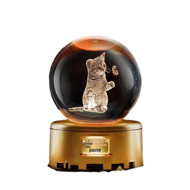 Ornament Sferă de Cristal Luminoasă Pisică Lumină de Noapte Sculptată 3D Cadou de Festival
