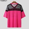 INCERUN Men Casual V Neck Short Sleeve Lace Sheer Patchwork Tops