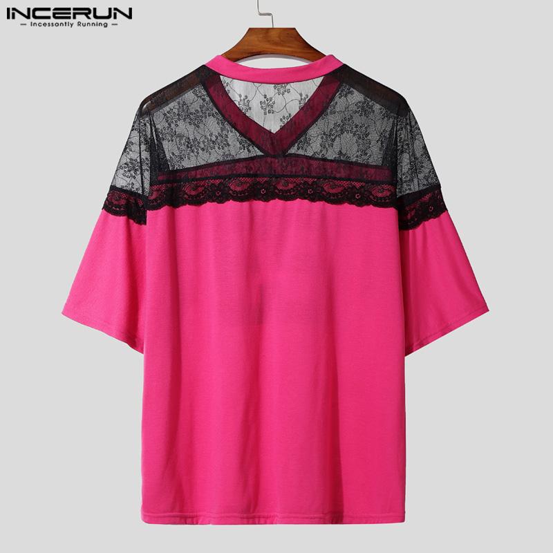 INCERUN Men Casual V Neck Short Sleeve Lace Sheer Patchwork Tops