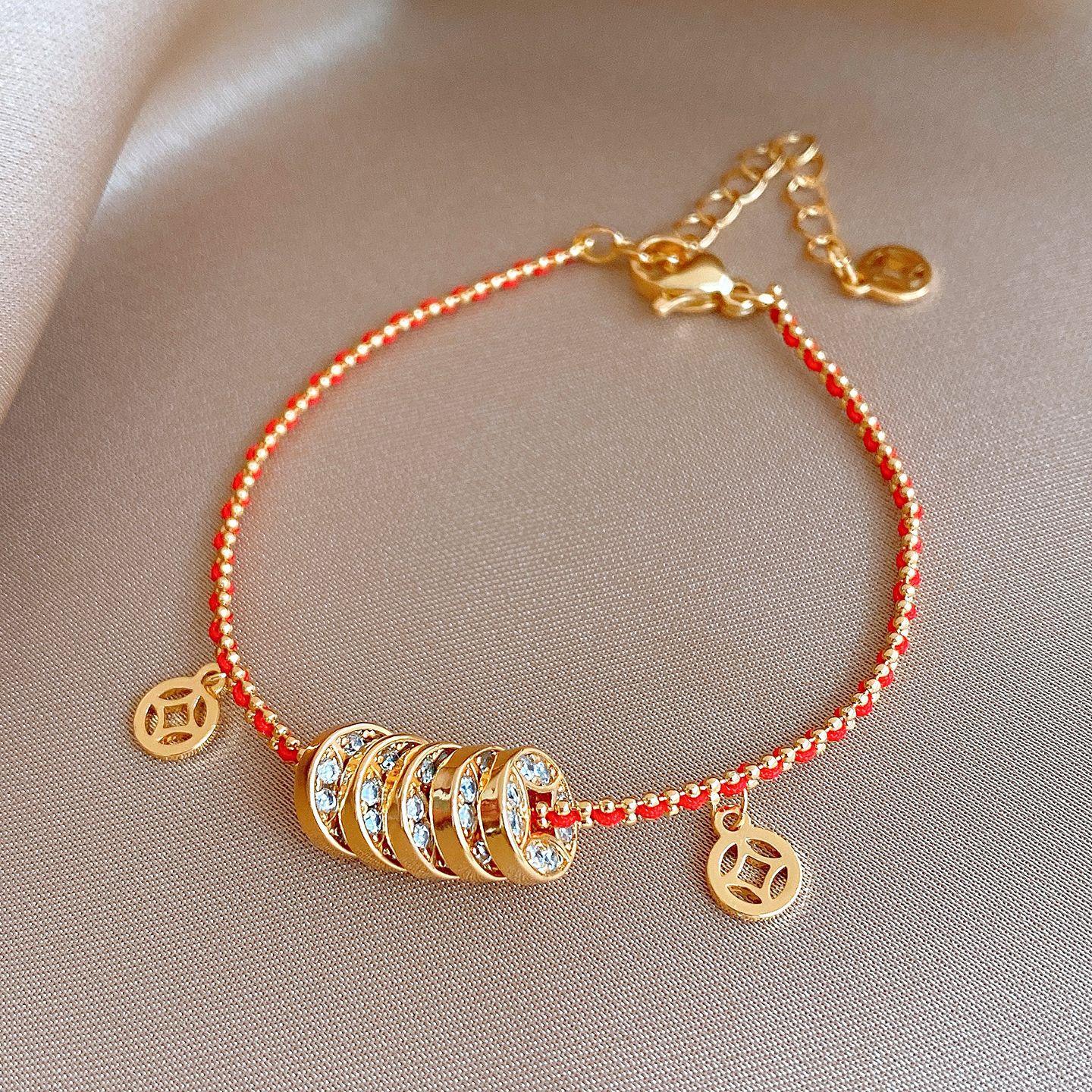 Позолоченный 18-каратным настоящим золотом новый китайский циркон медная монета красный веревочный браслет браслет ретро темперамент ювелирные изделия