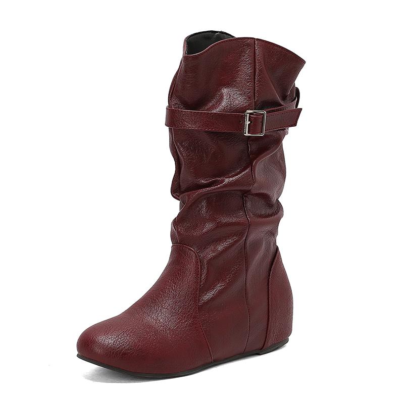Fashion Women Mid-Calf Boots PU Pleated Boots Female Round Toe Shoes Concise Height Increasing Flat Shoes Autumn Winter Size 34-50