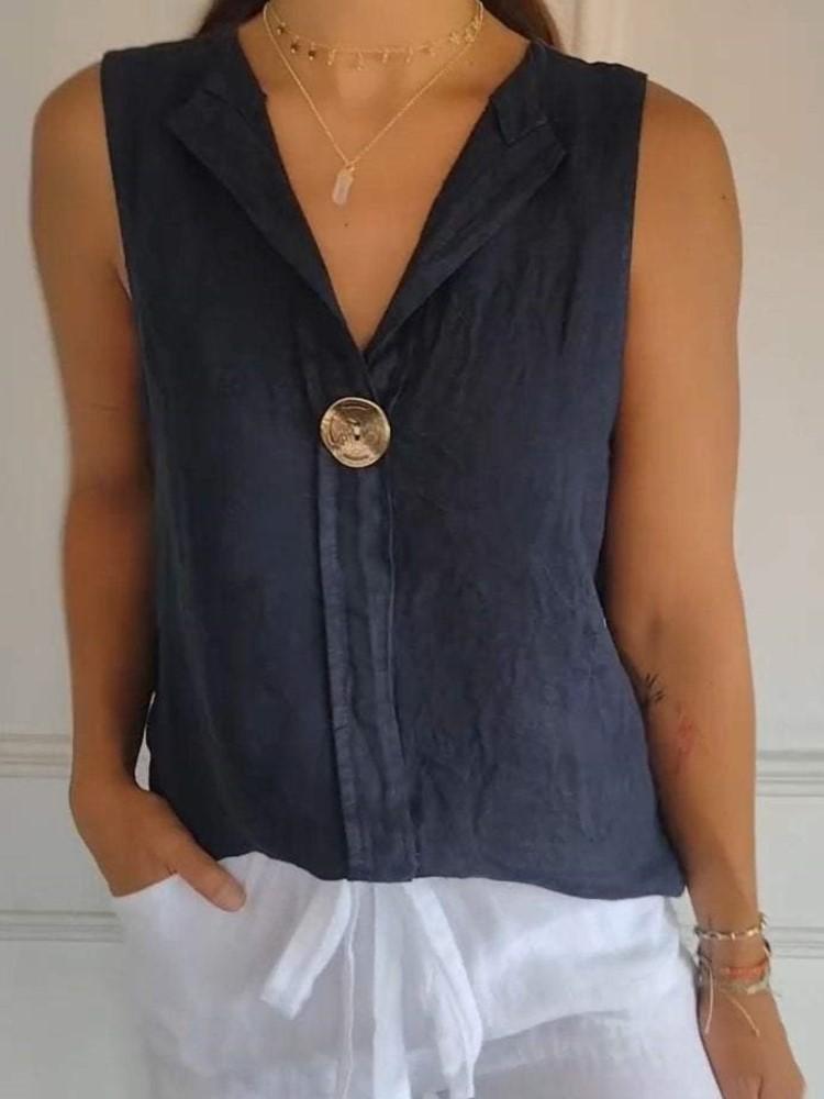 Casual Sleeveless Shirt Lady Fashion Button V-Neck Pullover Solid Top For Women Holiday Office Tops Shirts Women Clothes Summer