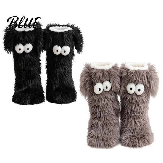 Soft Fuzzy Socks for Sleeping 2 Pairs Cute Big Eye Monster Plush Floor Socks Non-Slip Cozy Thermal House Indoor Slipper Women Warm Winter