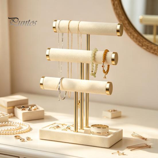 Multi-purpose Storage Rack 3 Tier Velvet Jewelry Organizer, T-shaped Holder for Bracelet, Necklaces Rings, & Earrings, Stand with Tray Countertop