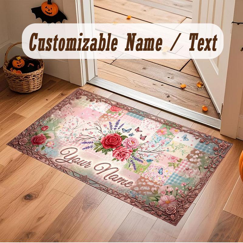 Floral Garden Theme Crystal Velvet Floor Rug Personalized Custom Name Text Warm Carpet Home Decoration