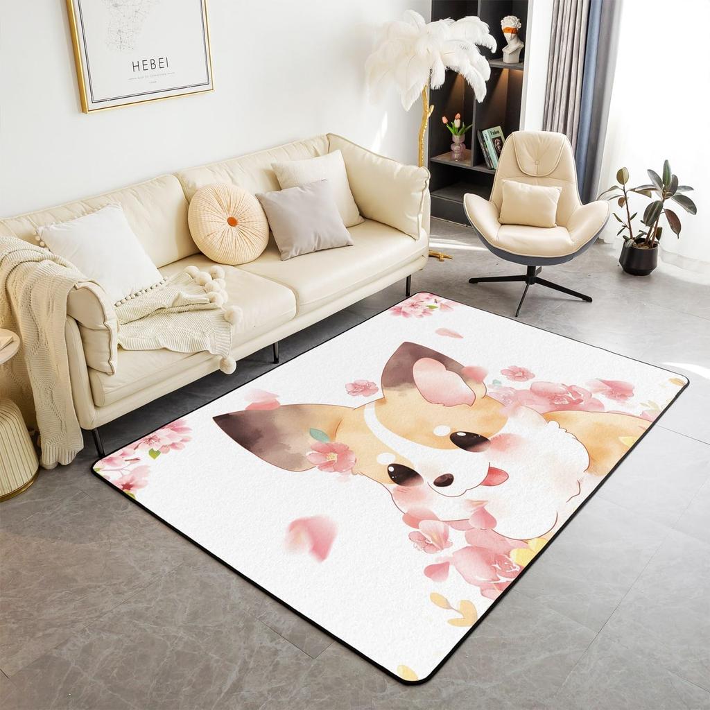 Cute Dog Print Area Rug Cartoon Corgi Pet Bones Living Room Rugs Playmat Lovely Puppy Animals Decorative Rug Indoor Floor Mat