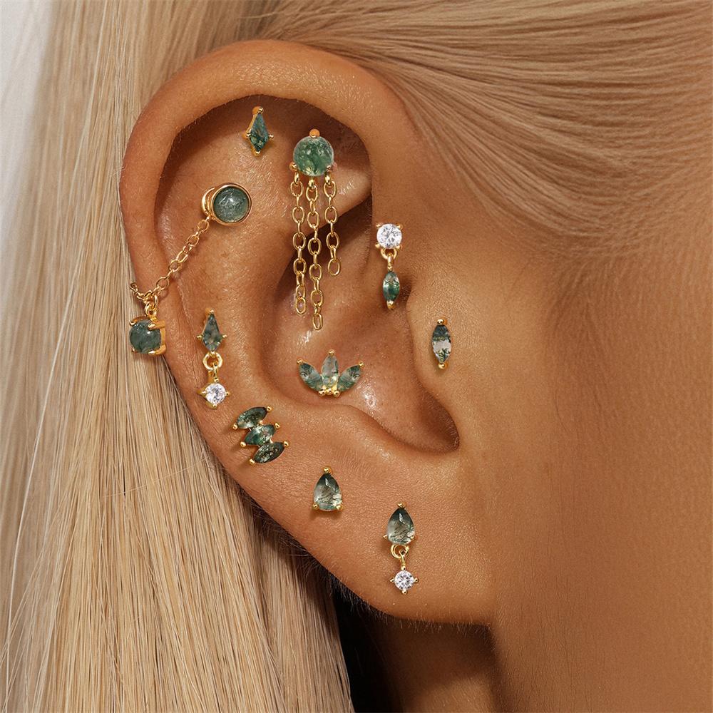 CANNER 1PC Natural Water Grass Horse Eye Zircon 925 Silver Piercing Earrings For Women Ins Simple Green Moss Earring