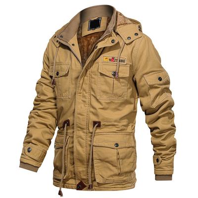 Hooded Mid-length Jacket for Men Plus Velvet Large Size Multi-pocket Military Jacket Casual Work Jacket for Men